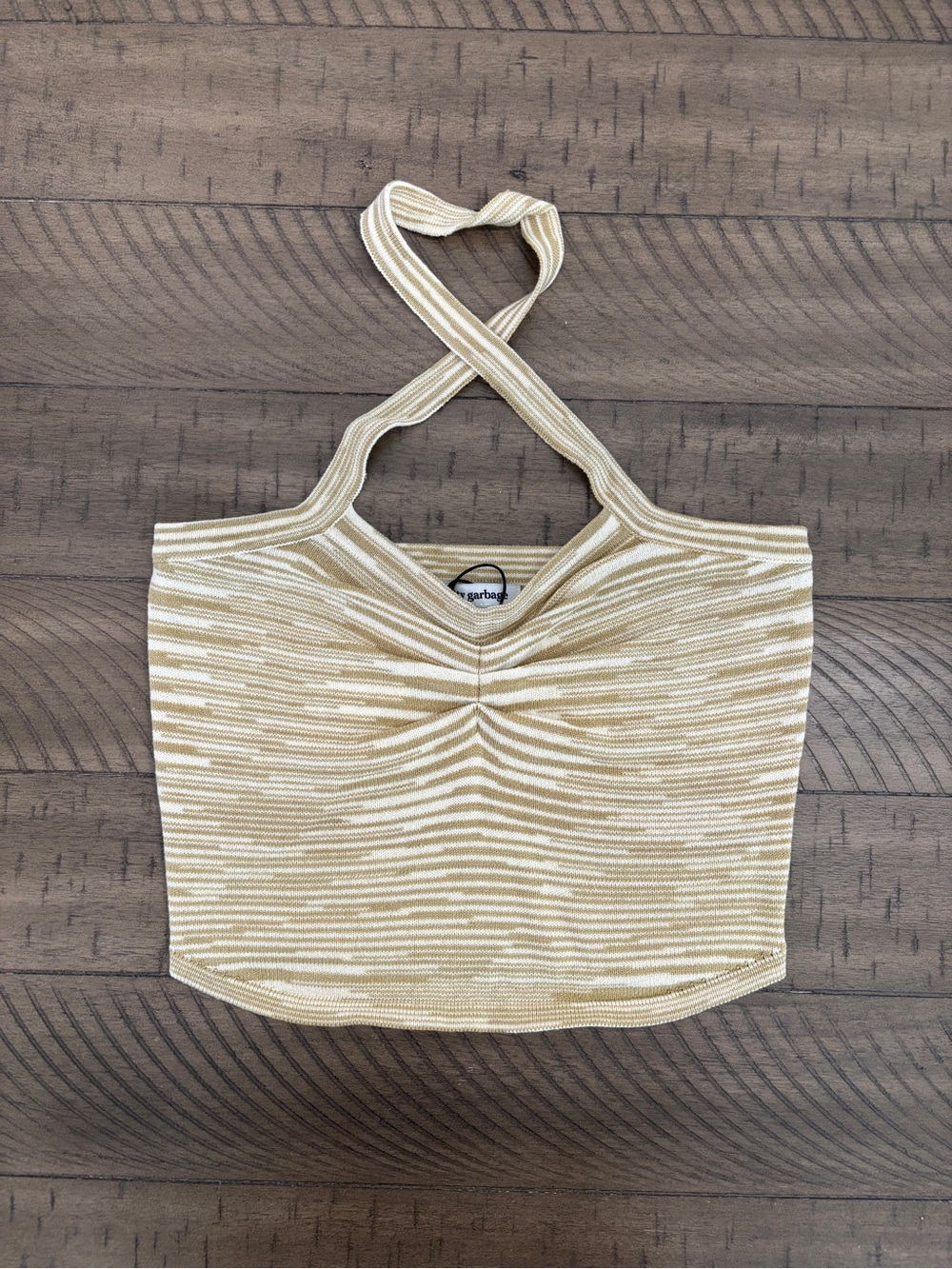 Striped Halter Ruched Crop Top in Cream and Beige